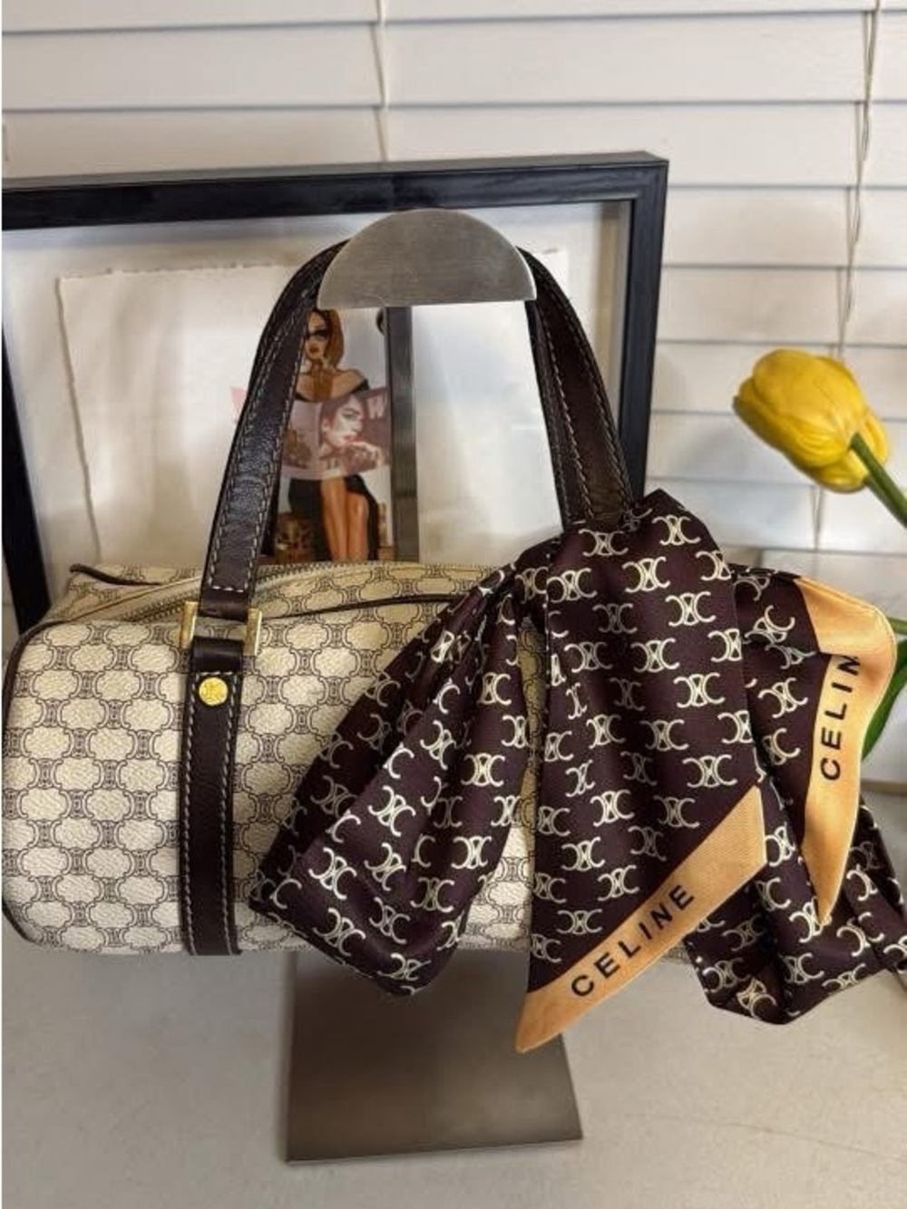 Celine Cream and Brown Monogram Top Handle Bag with Branded Scarf